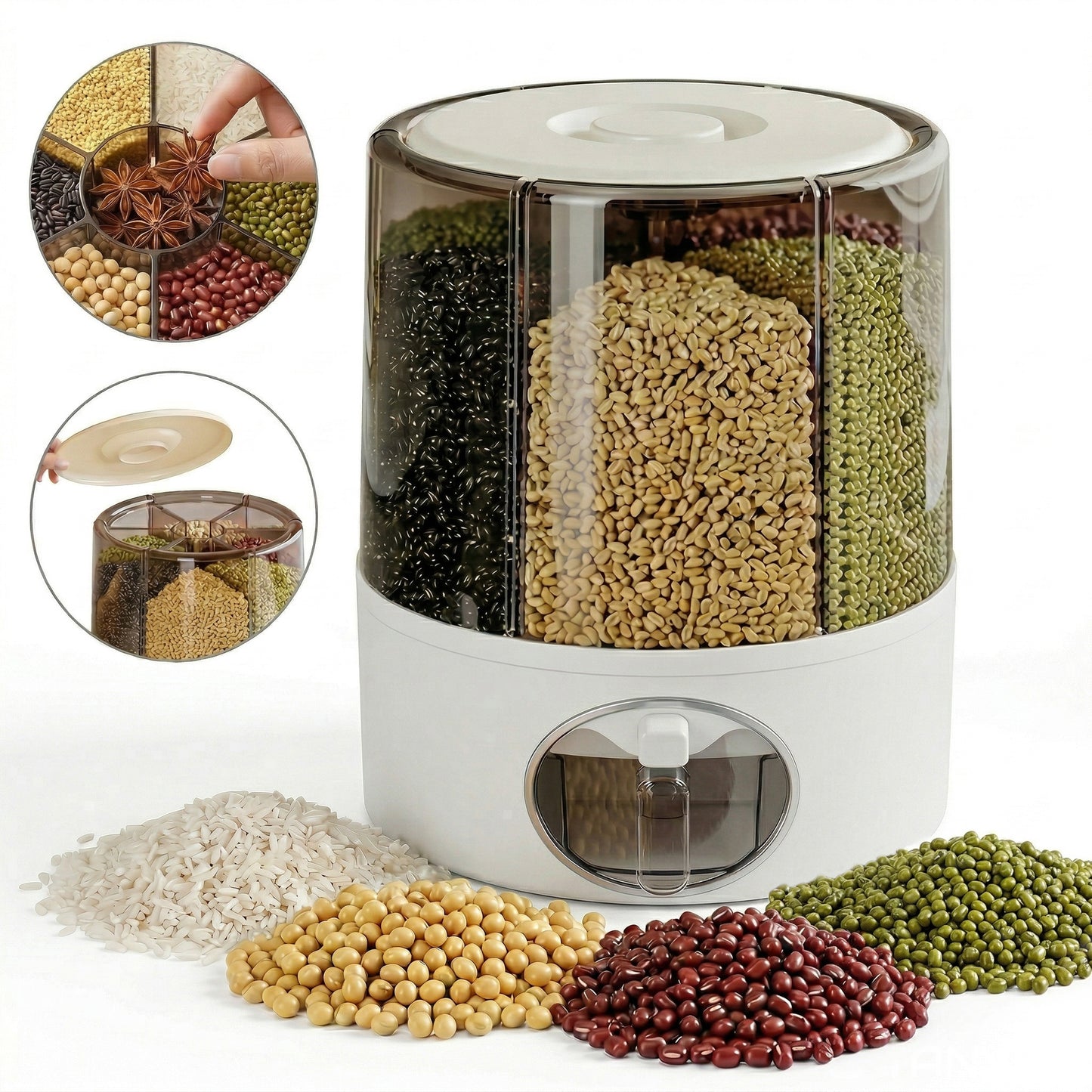 WEEUSE 360° Rotating Grain Dispenser, 22 lbs Large Capacity, 6 Compartments, One-Press Dispensing, Clear Rice & Cereal Storage for Kitchen Pantry