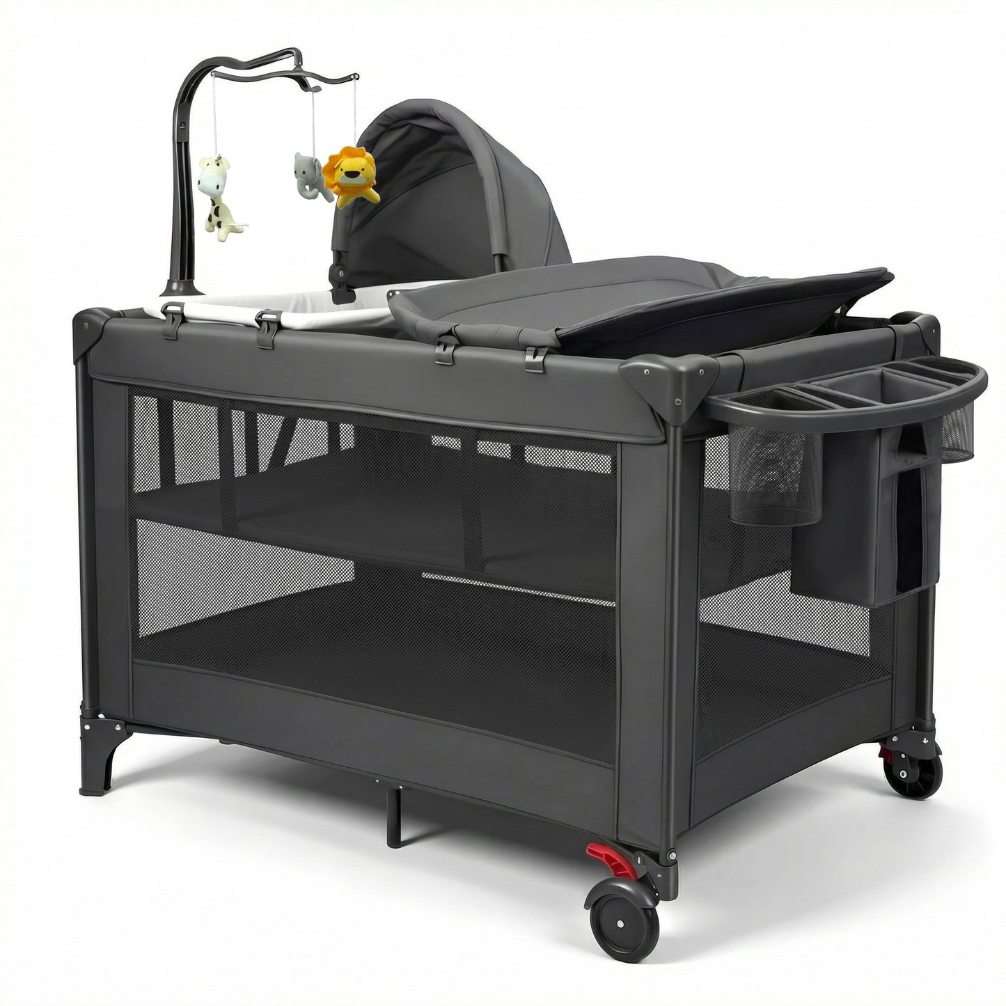 RUPOUN Baby Playards, Foldable Nursery Center Playpen and Toy Mobile, Portable Travel Bassinet, Locking Wheels, Gray