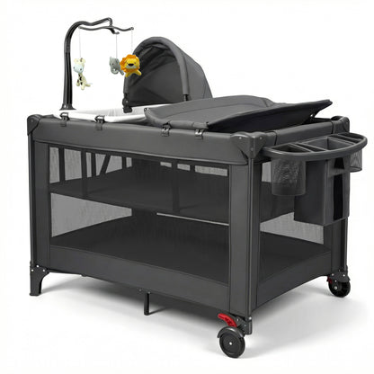 RUPOUN Baby Playards, Foldable Nursery Center Playpen and Toy Mobile, Portable Travel Bassinet, Locking Wheels, Gray