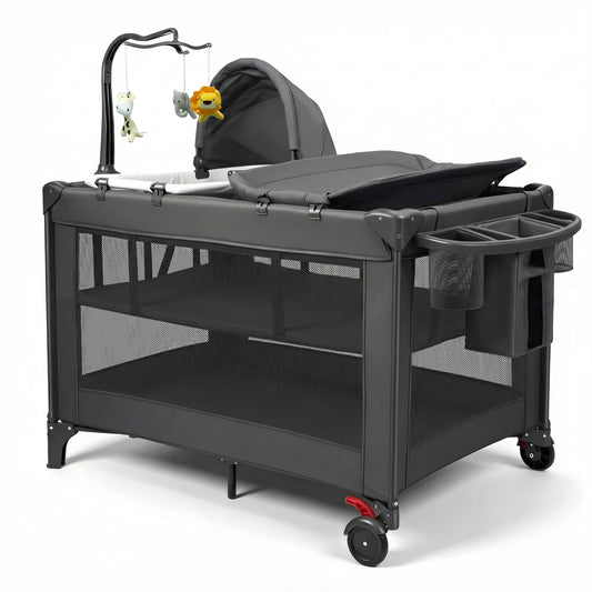 RUPOUN Baby Playards, Foldable Nursery Center Playpen and Toy Mobile, Portable Travel Bassinet, Locking Wheels, Gray
