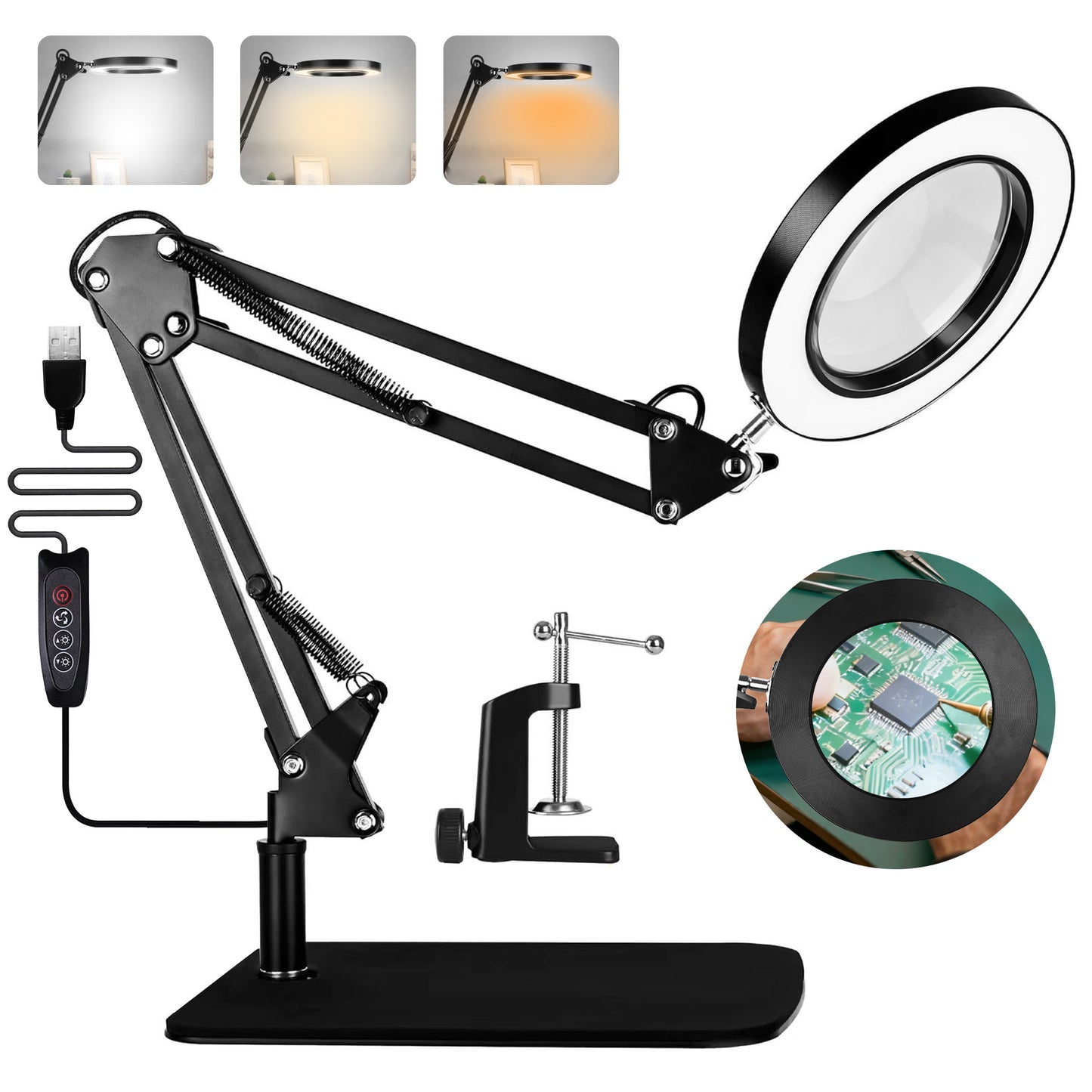 WEENEED 10X Magnifying Desk Lamp with Light, Adjustable Arm, USB Powered Magnifier Lamp with Clamp & Base for Reading, Repair, Crafts, Nail Beauty