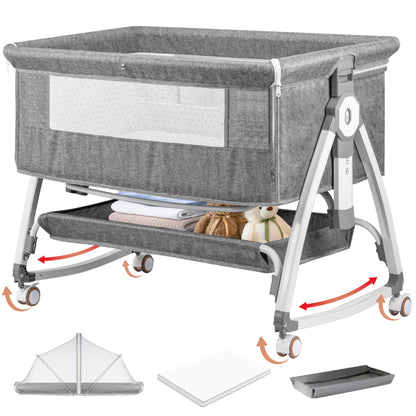 Rupoun Bassinet, Bedside Sleeper, Foldable Baby Crib with 6 Adjustable Heights and Mesh Panels, for Infant Newborn Child, Gray