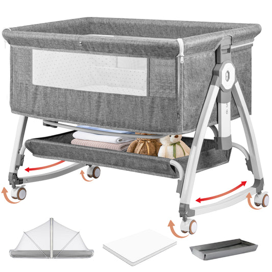 Rupoun Bassinet, Bedside Sleeper, Foldable Baby Crib with 6 Adjustable Heights and Mesh Panels, for Infant Newborn Child, Gray