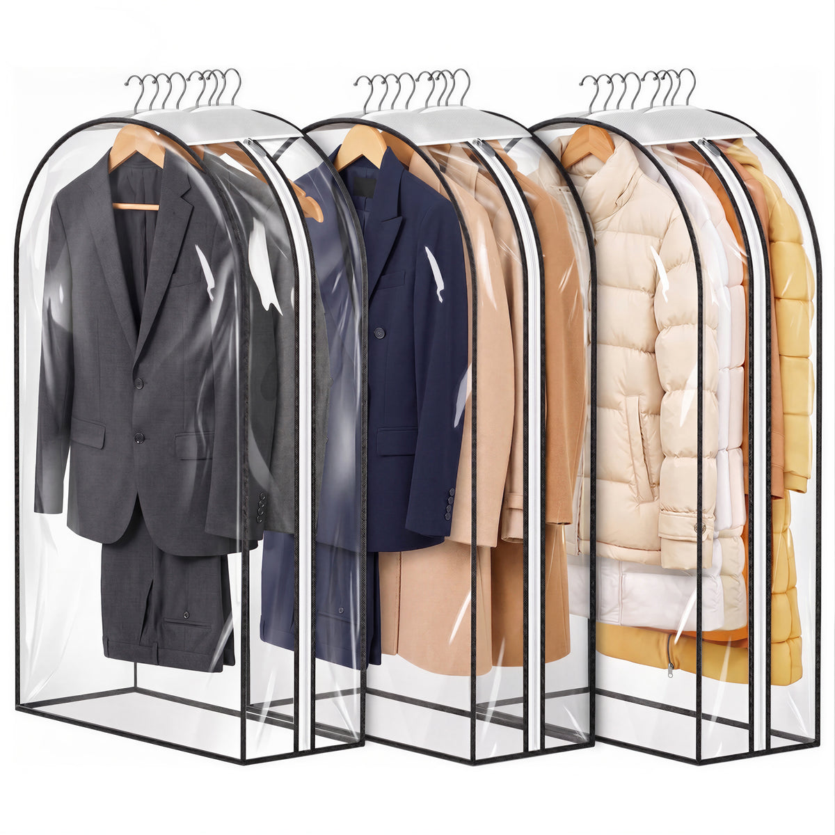 Riousery Clear Garment Bags for Closet Storage, 3 Pack Hanging Clothes Covers with 10" Gusset, Waterproof PEVA Suit Bags with Side Zipper for Dresses, Jackets and Coats