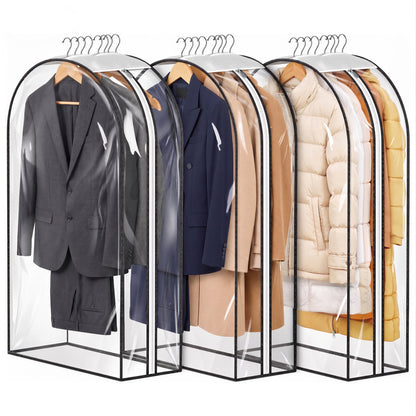 Riousery Clear Garment Bags for Closet Storage, 3 Pack Hanging Clothes Covers with 10" Gusset, Waterproof PEVA Suit Bags with Side Zipper for Dresses, Jackets and Coats