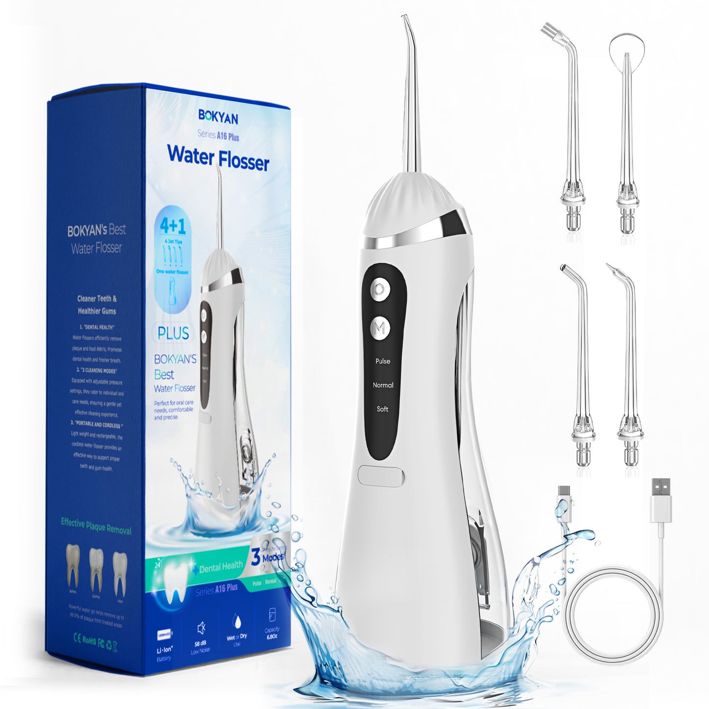 Bokyan Water Flosser for Teeth, cordless 200 ML Portable Electric Flossing Cleaner Rechargeable , Water Picks for Dental Hygiene