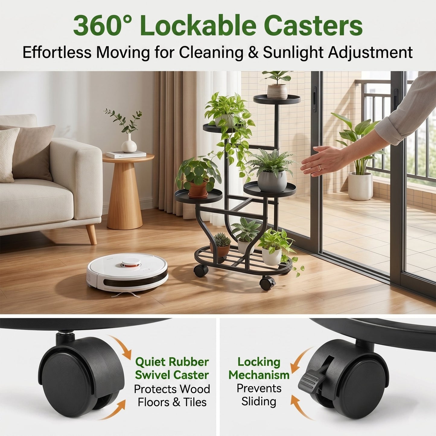 OHHANI 5-Tier Metal Plant Stand with Wheels, Tall Indoor/Outdoor Corner Flower Pot Display Shelf, Matte Black