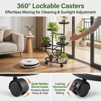 OHHANI 5-Tier Metal Plant Stand with Wheels, Tall Indoor/Outdoor Corner Flower Pot Display Shelf, Matte Black