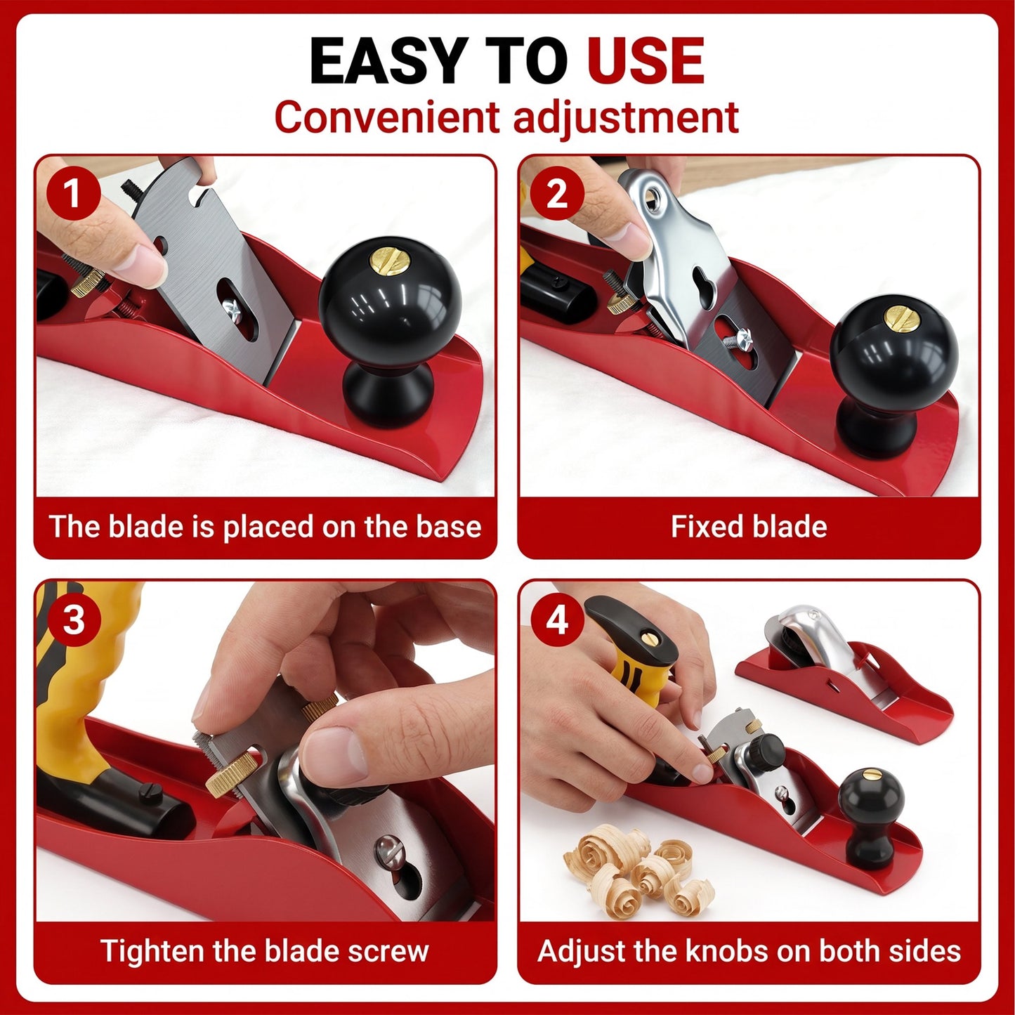 OHHANI Adjustable Metal Wood Hand Plane with Carbon Steel Blade, Professional Planer for Woodworking and DIY, Red