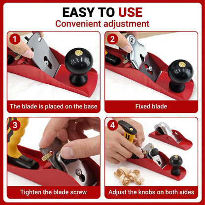 OHHANI Adjustable Metal Wood Hand Plane with Carbon Steel Blade, Professional Planer for Woodworking and DIY, Red