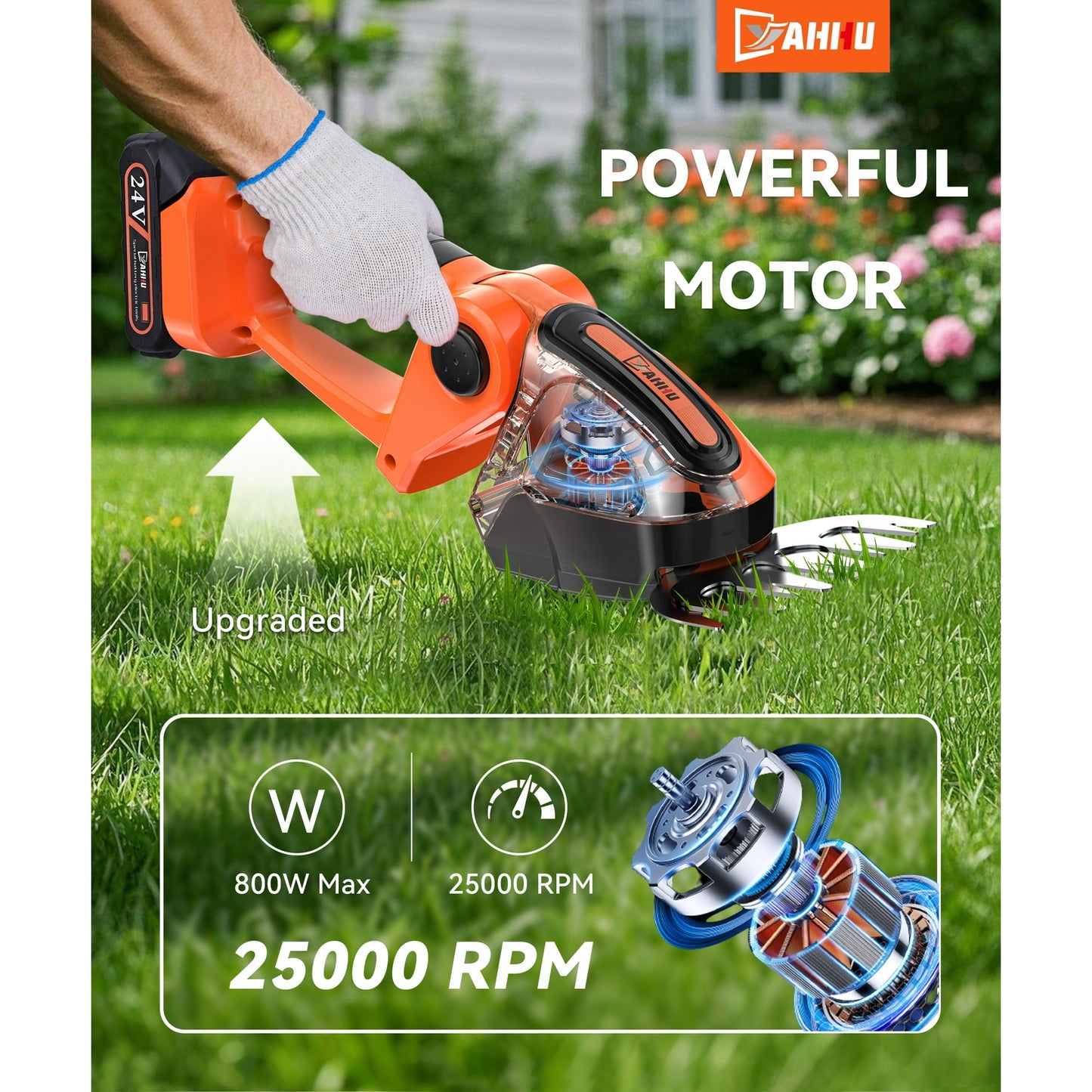 YAHHU Cordless Hedge Trimmer, 2 in 1 Handheld Electric Grass Trimmer , Trimmer for Bush,Tree, Garden, Patio and Lawn