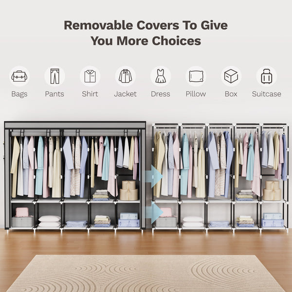 Riousery Portable Closet, 83 Inch Wardrobe Closet for Hanging Clothes 10 Storage Organizer Shelves, Grey