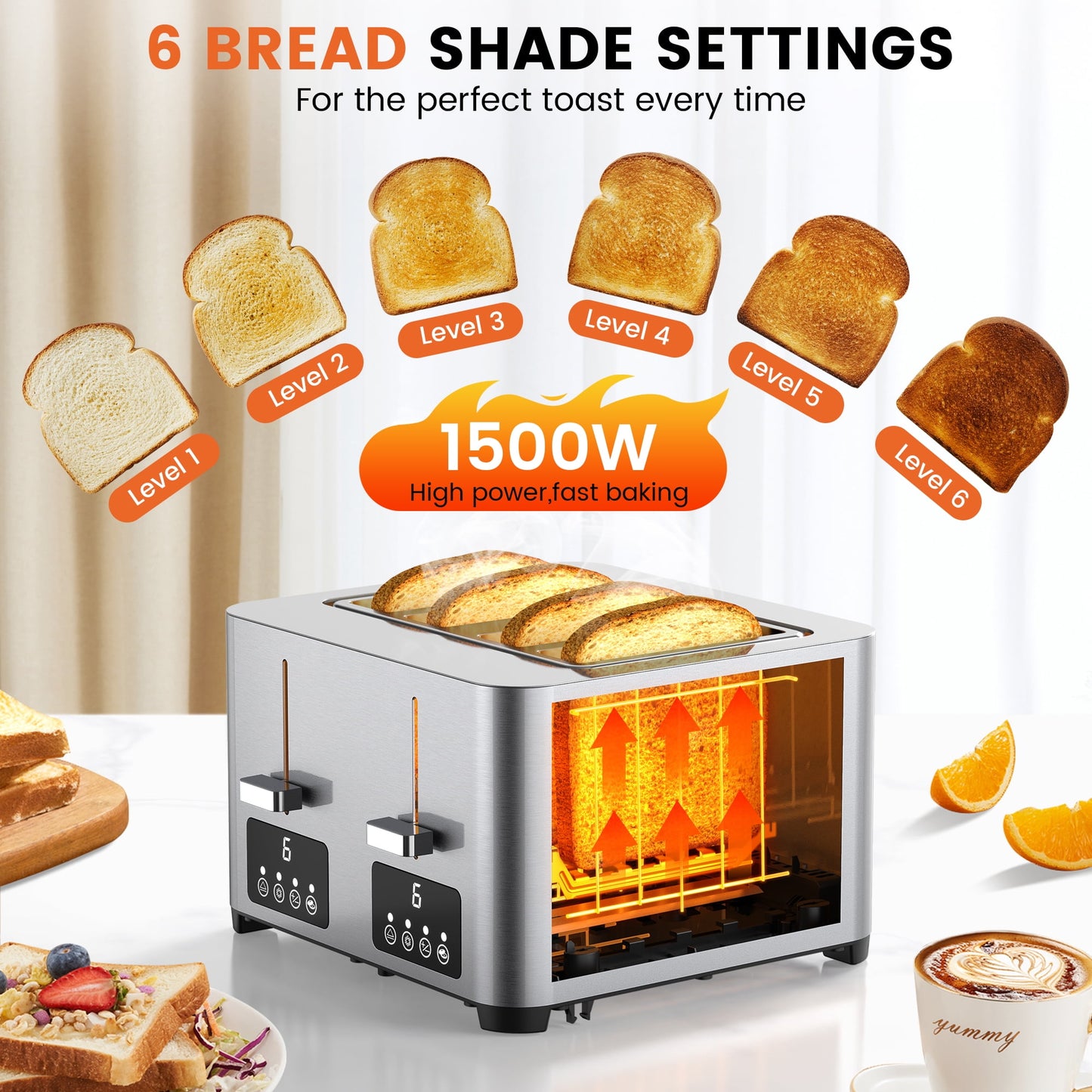 Suodoka Toaster 4 Slice with Touchscreen, Stainless Steel Bread Toaster, 6 Browning Shade Settings,1.57 inch Wide Slots with Reheat, Cancel, Defrost Functions, New