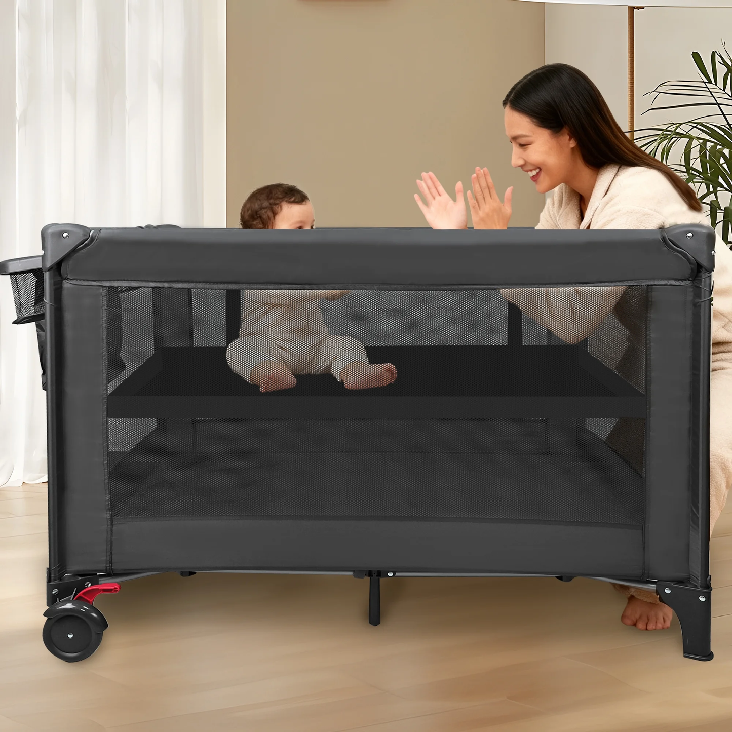 RUPOUN Baby Playards, Foldable Nursery Center Playpen and Toy Mobile, Portable Travel Bassinet, Locking Wheels, Gray