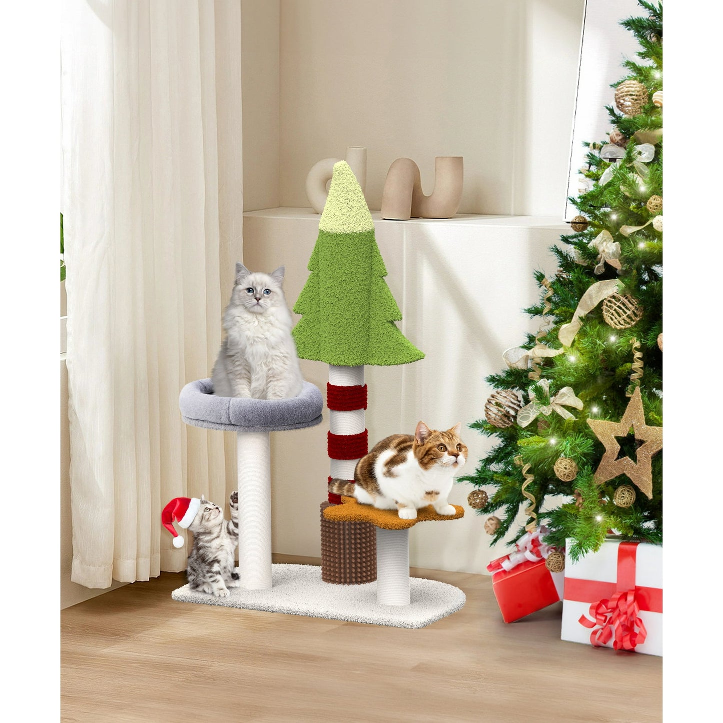 Cat Tree 35.4" Cute Christmas Tree Cat Scratching Post Tower with Perch for Indoor Kitten Kitty