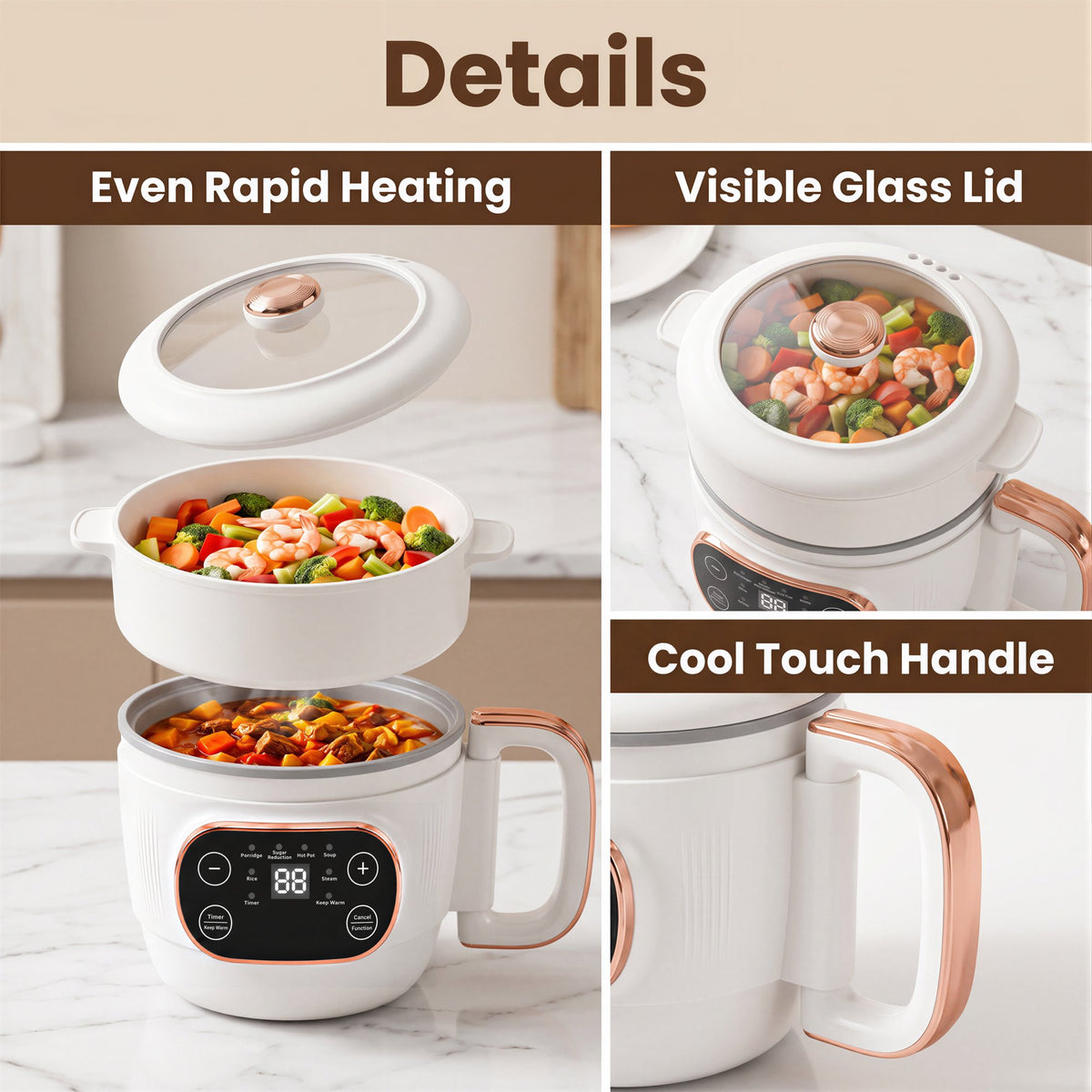 ICETear Portable Electric Cooking Pot with Foldable Handle, Mini Hot Pot & Low Sugar Rice Cooker, Titanium Non-Stick Inner Pot, 6 Smart Menus, Off-White