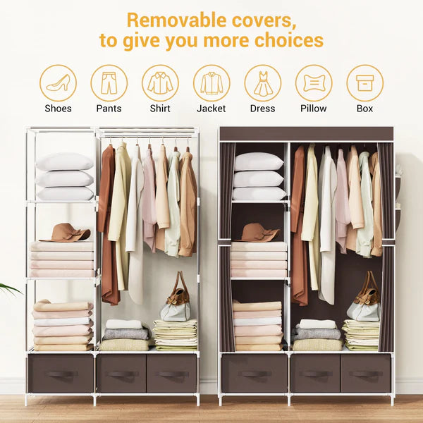 Riousery Portable Closet, Bedroom Wardrobe Closet Organizer with Cover, 3 Storage Boxes, Hanging Rods and Shelves, Brown