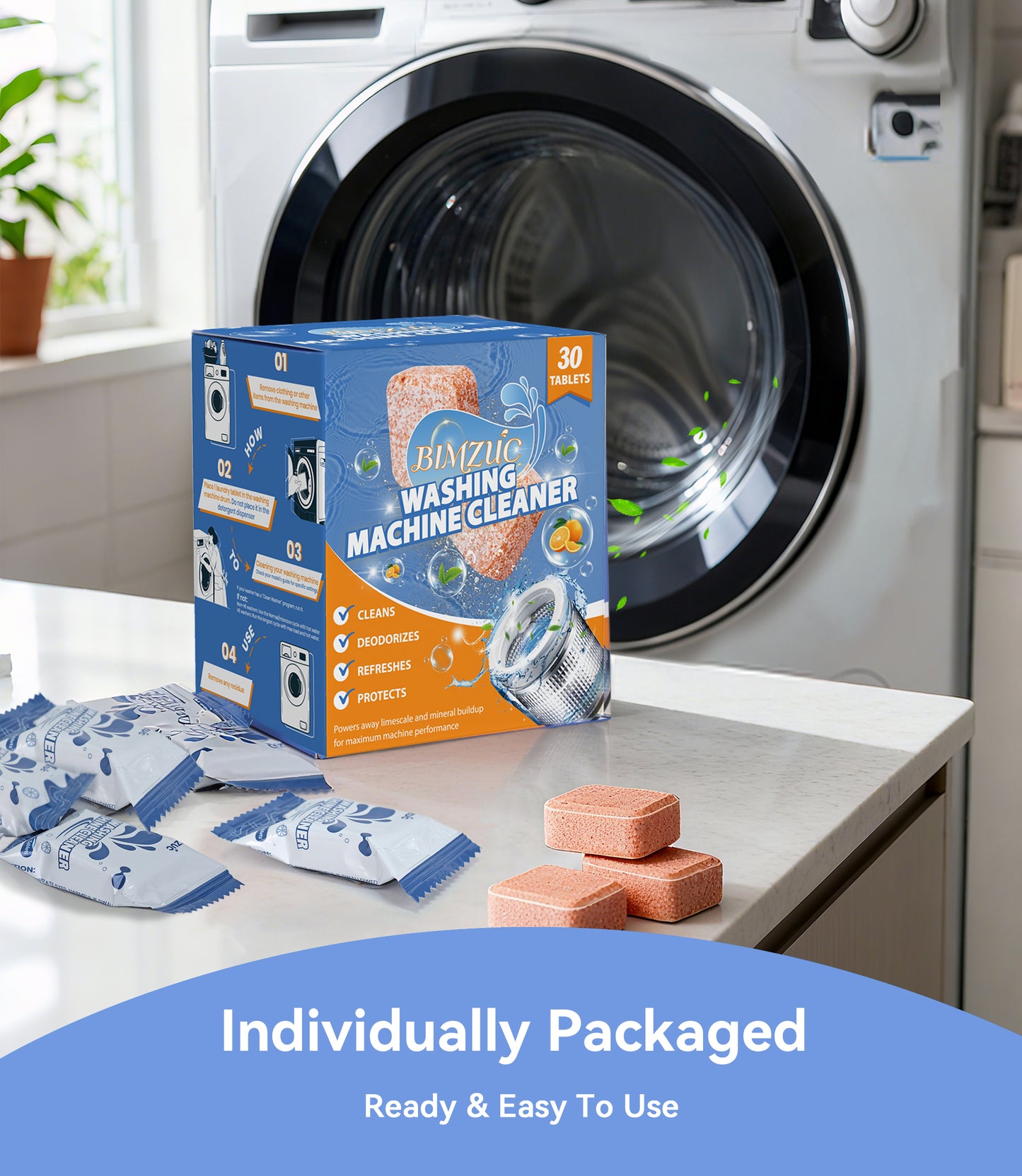 BIMZUC Washing Machine Cleaning Tablets, 30 Tablets , Deep Cleans Washing Machine Grime, Large Capacity, Orange Scent