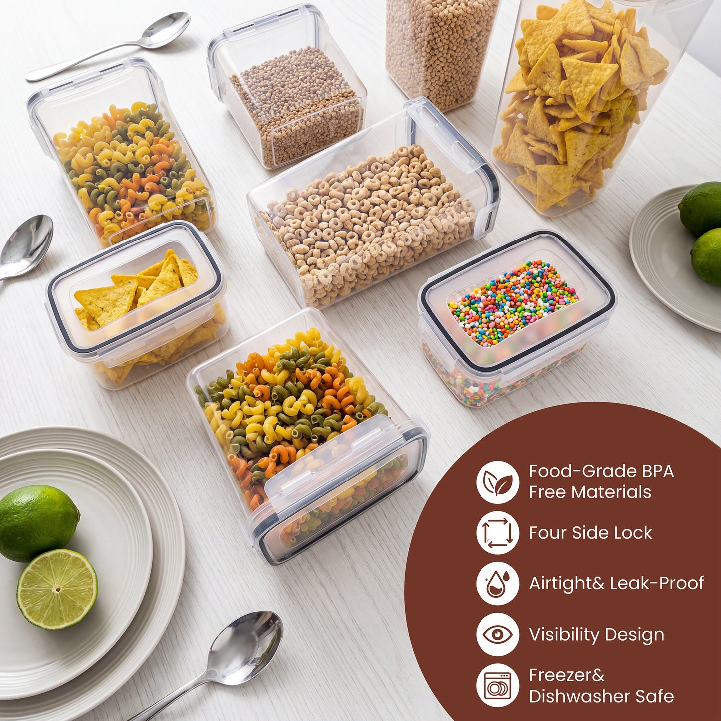 Riousery Airtight Food Storage Containers with Lids, 8-Piece Plastic Kitchen Pantry Canister Set for Cereal, Flour and Dry Food, with Labels and Marker