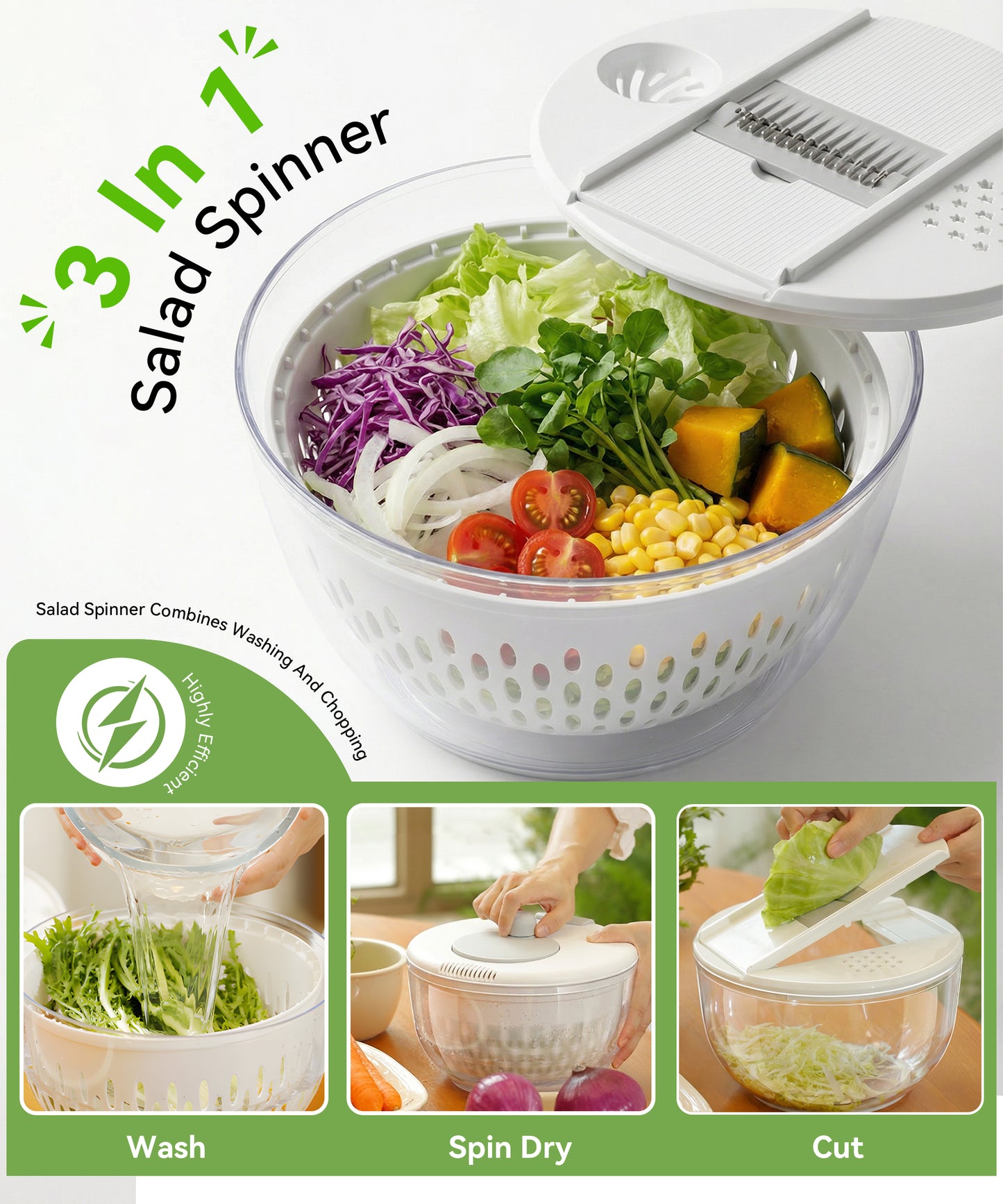 M Buder Salad Spinner, Vegetable Fruit Washer Dryer and Chopper, Lettuce Spinner with 5 Blade Slicer Shredder, 4500ML Slalad Bowl , White