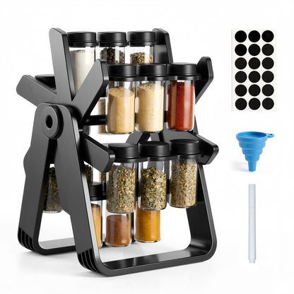 Alylo 360° Revolving Countertop Seasoning Holder and Cabinet Spice Rack Organizer, 18 Glass Jars, Black