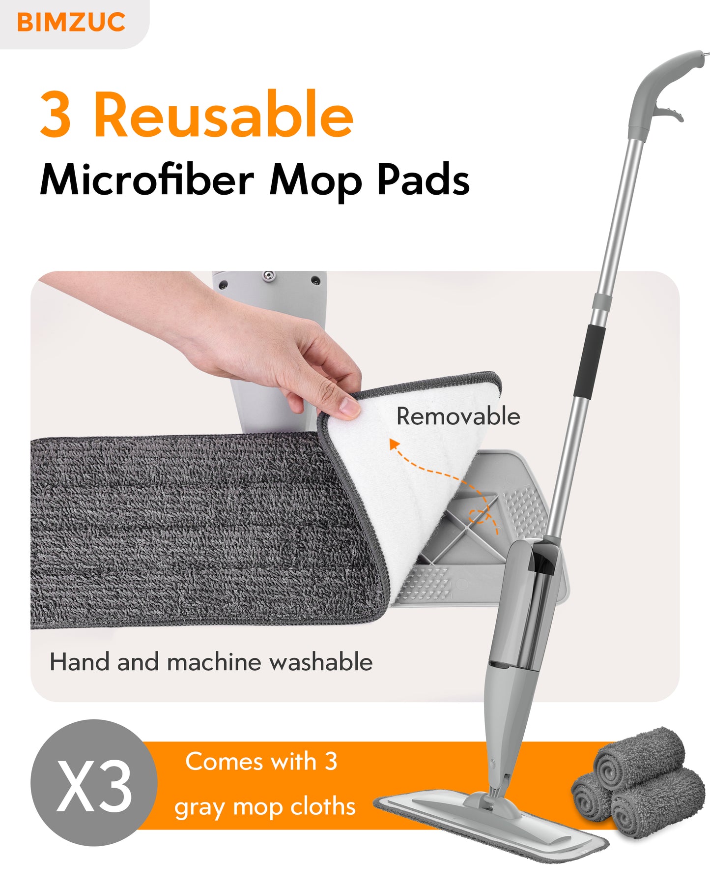 BIMZUC Spray Mop for Floor Cleaning with 3 Washable Pads-Wet Dry Microfiber Mop with 27 oz Refillable Bottle, Gray - New