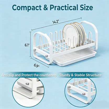 Riousery Dish Drying Rack with Drainboard, Compact Stainless Steel Dish Drainer for Small Kitchen Counter, White
