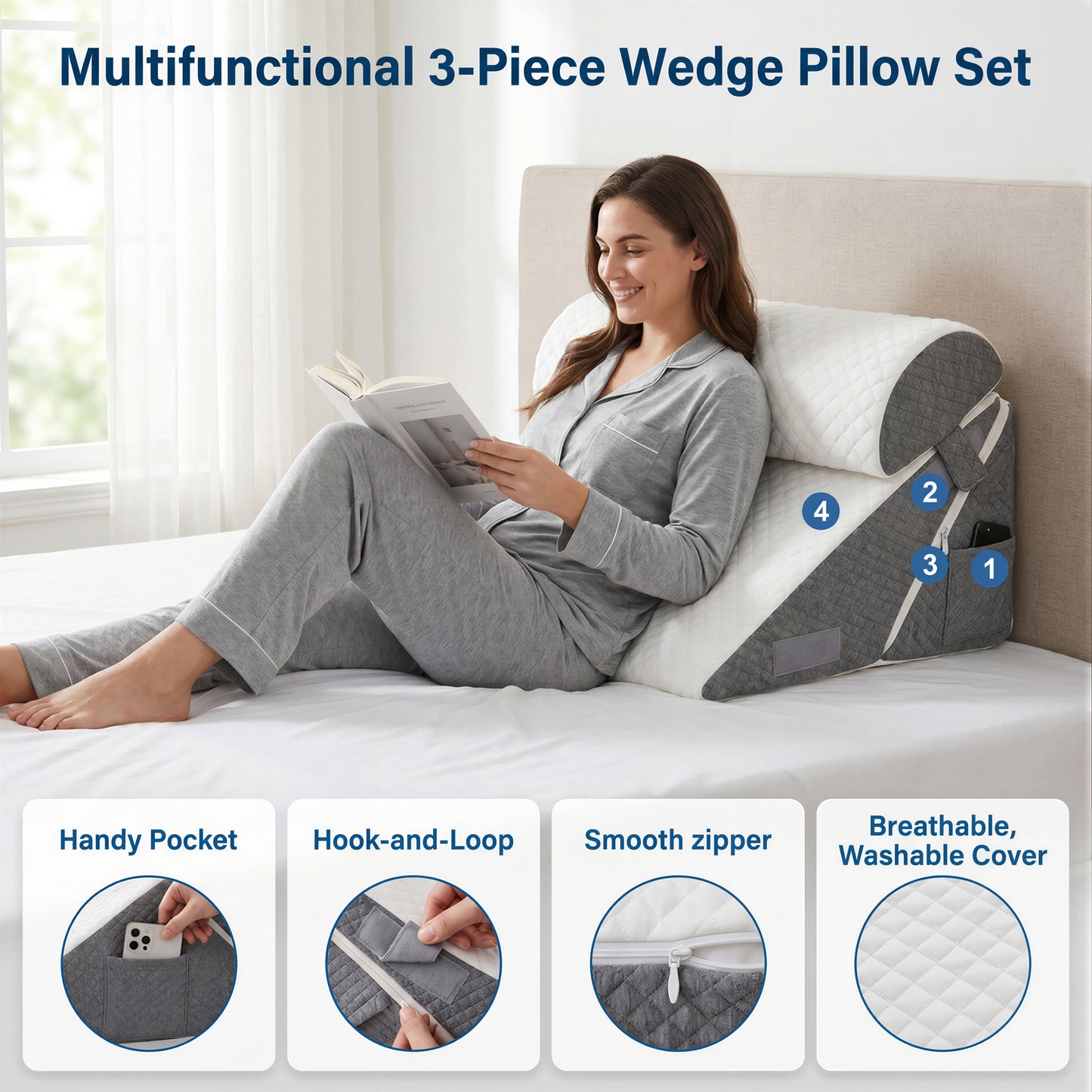 ALYLO Wedge Pillow 3-Piece Adjustable Set with Memory Foam Neck Cushion for After Surgery and Acid Reflux, Dark Grey and White