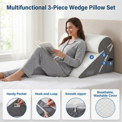 ALYLO Wedge Pillow 3-Piece Adjustable Set with Memory Foam Neck Cushion for After Surgery and Acid Reflux, Dark Grey and White