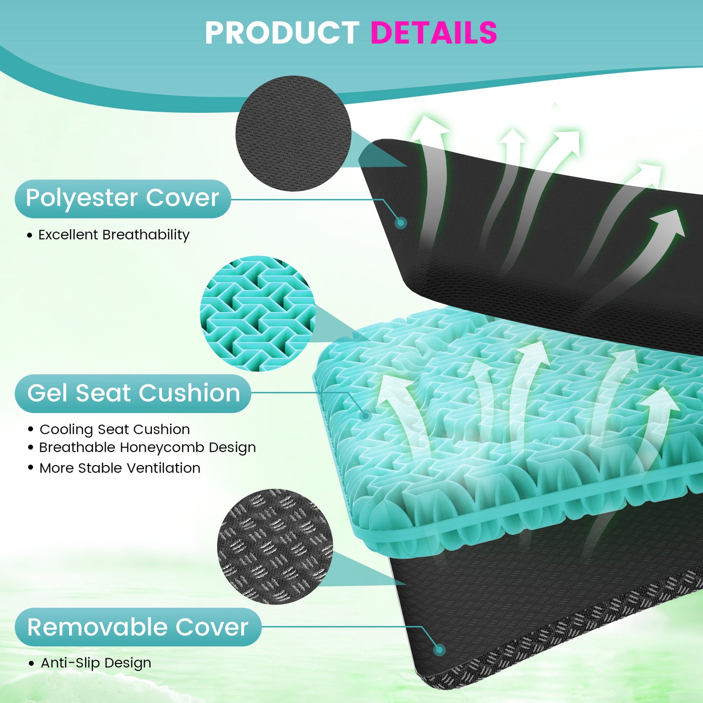 AOLIGO Gel Seat Cushion for Long Sitting, 17" x 15" Enlarged Thickened Pad, Soft & Breathable Office and Wheelchair Comfort, Cyan