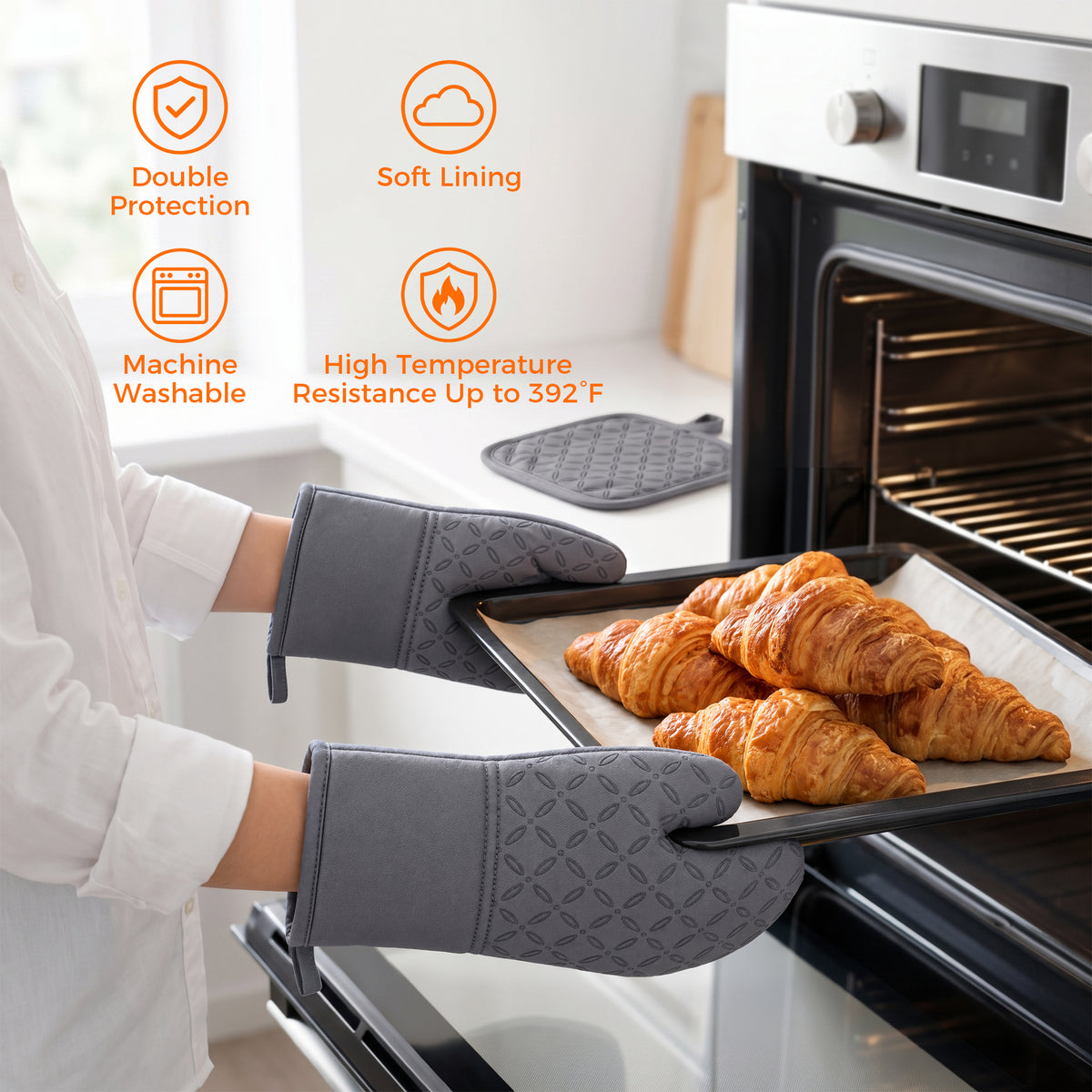 M Buder Oven Mitts Set, 4 Pcs 392°F Heat Resistant Pot Holders and Oven Mitts, Extra Long Thick Cotton Kitchen Oven Gloves for Cooking, Baking, BBQ, Gray