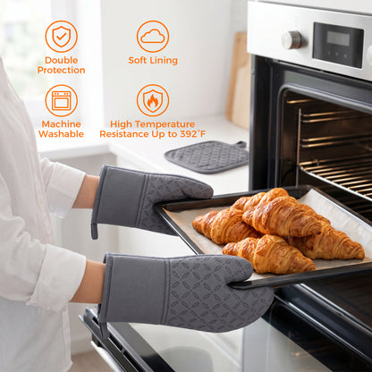 M Buder Oven Mitts Set, 4 Pcs 392°F Heat Resistant Pot Holders and Oven Mitts, Extra Long Thick Cotton Kitchen Oven Gloves for Cooking, Baking, BBQ, Gray