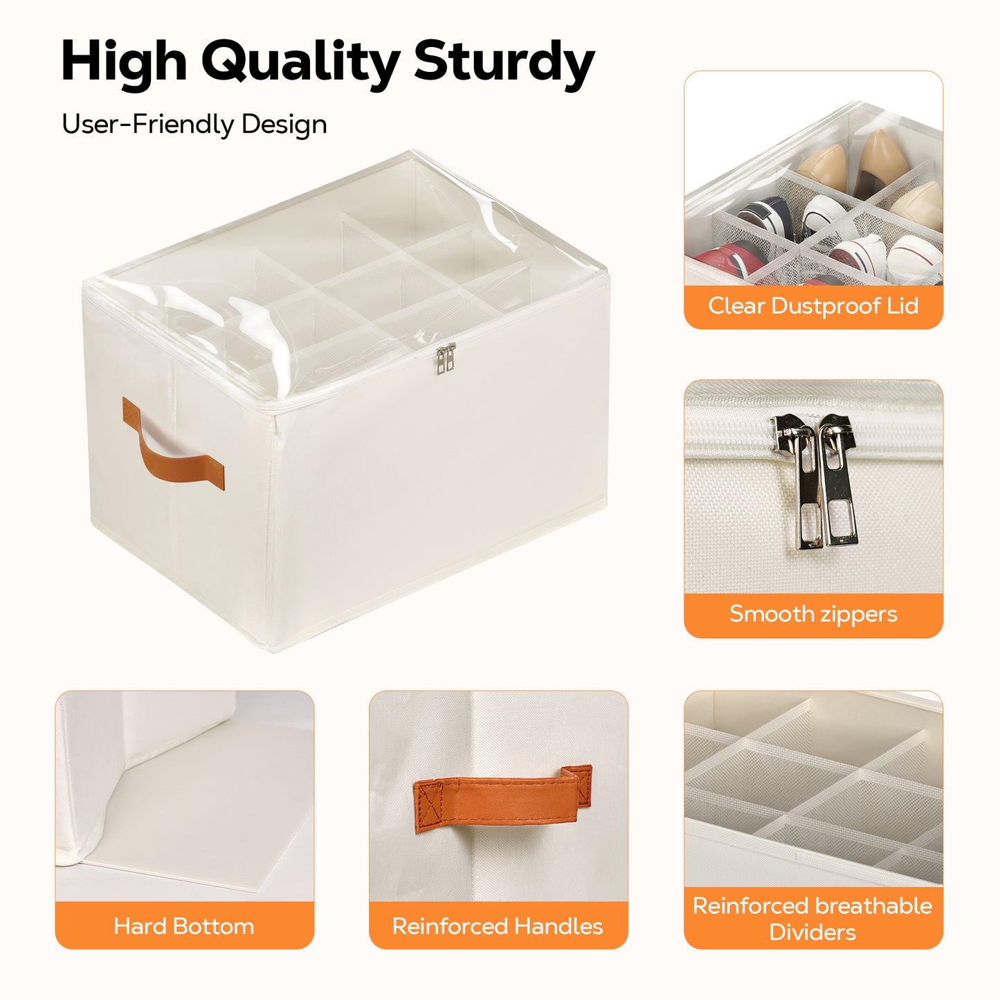 Riousery 2-Pack Under Bed Shoe Organizer for Closet, 24 Individual Shoe Slots, Foldable Storage Boxes with Clear Zipper Cover & Handles, Biege