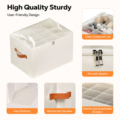 Riousery 2-Pack Under Bed Shoe Organizer for Closet, 24 Individual Shoe Slots, Foldable Storage Boxes with Clear Zipper Cover & Handles, Biege