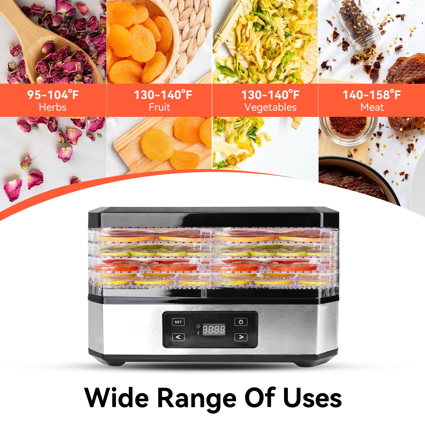 M Buder Food Dehydrator Machine 5 Tray, Adjustable Timer and Temperature, for Drying Jerky and Fruits, Black