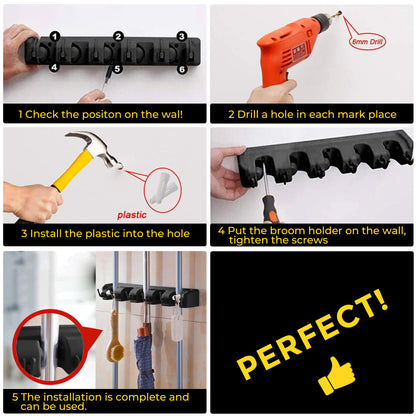 BIMZUC Wall Mount Broom Holder, 5-Position Plastic Organizer with Hooks, for Home and Garden Cleaning Tools