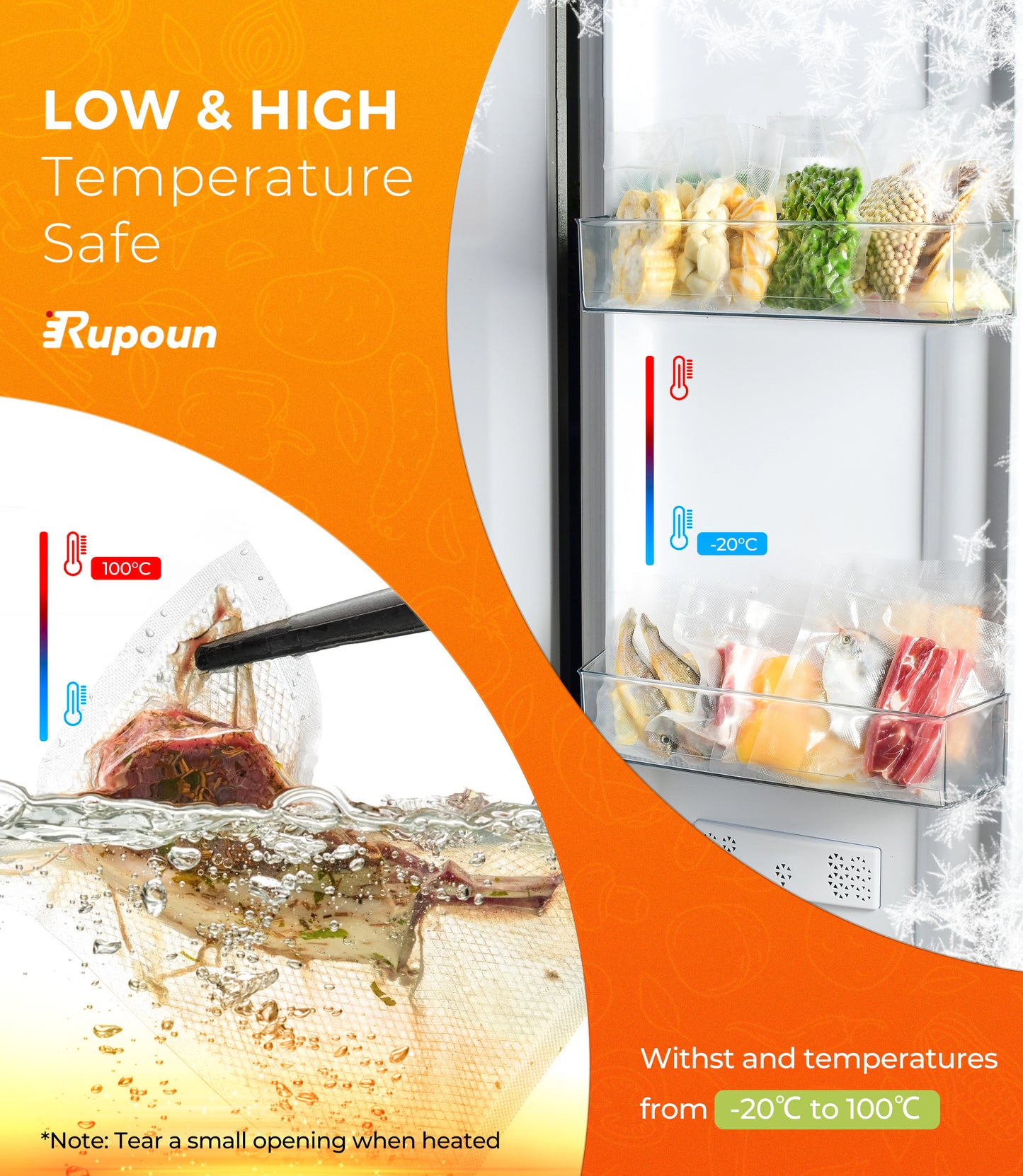 Rupoun Vacuum Sealer Bags for Food 2 Rolls (11" x 50' and 8" x 50'), Disposable Storage Bags for Vacuum Sealing, Clear