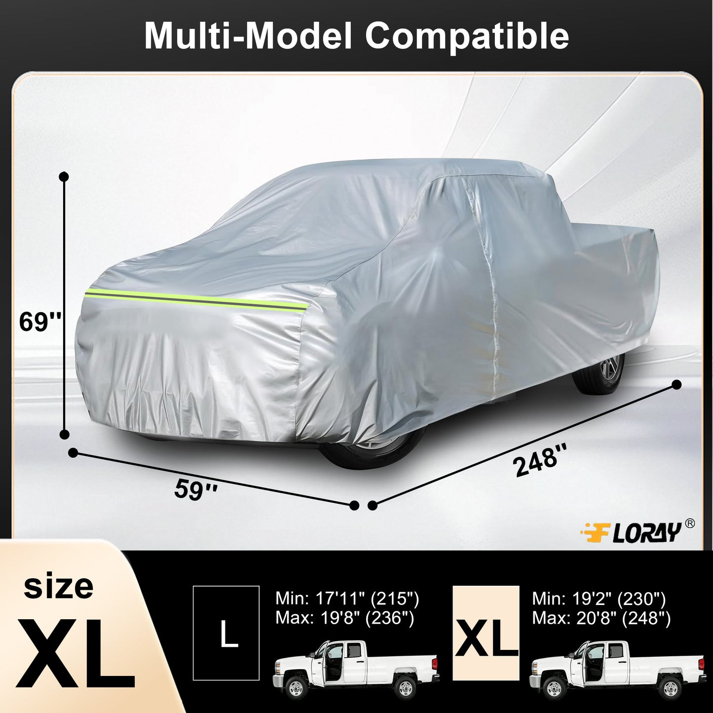 Floray Waterproof All-Weather Truck Cover with Zipper Door – Heavy-Duty Windproof Protection for Full-Size Pickup Trucks, UV and Snow Guard (PK-XL, 248" x 59" x 69")
