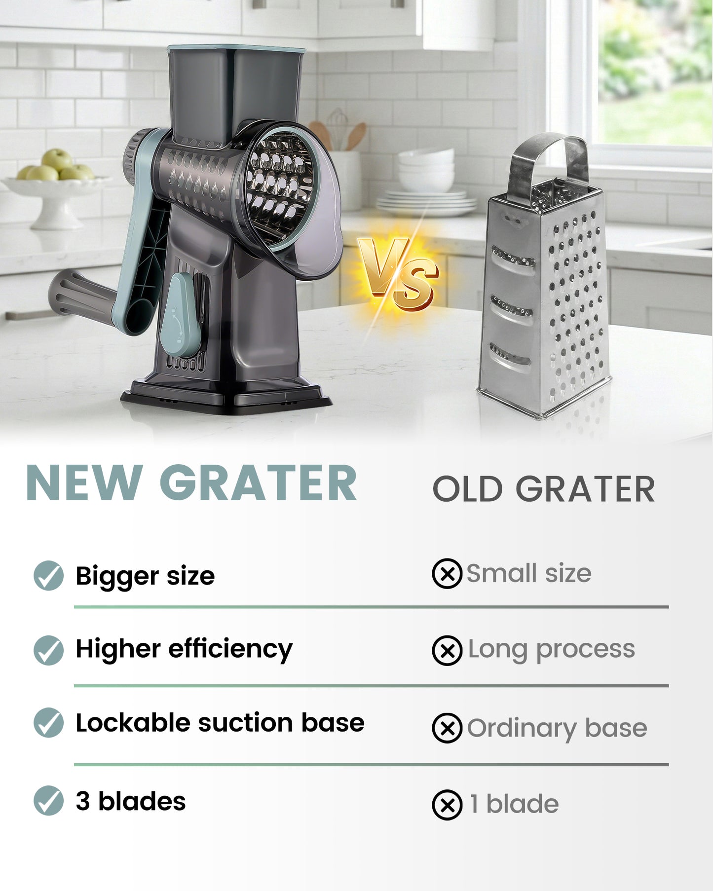 M Buder Rotary Cheese Grater with 3 Interchangeable Blades, Hand Crank Cheese Shredder Vegetable Chopper , Mandoline Slicer, Suction Base, Gray