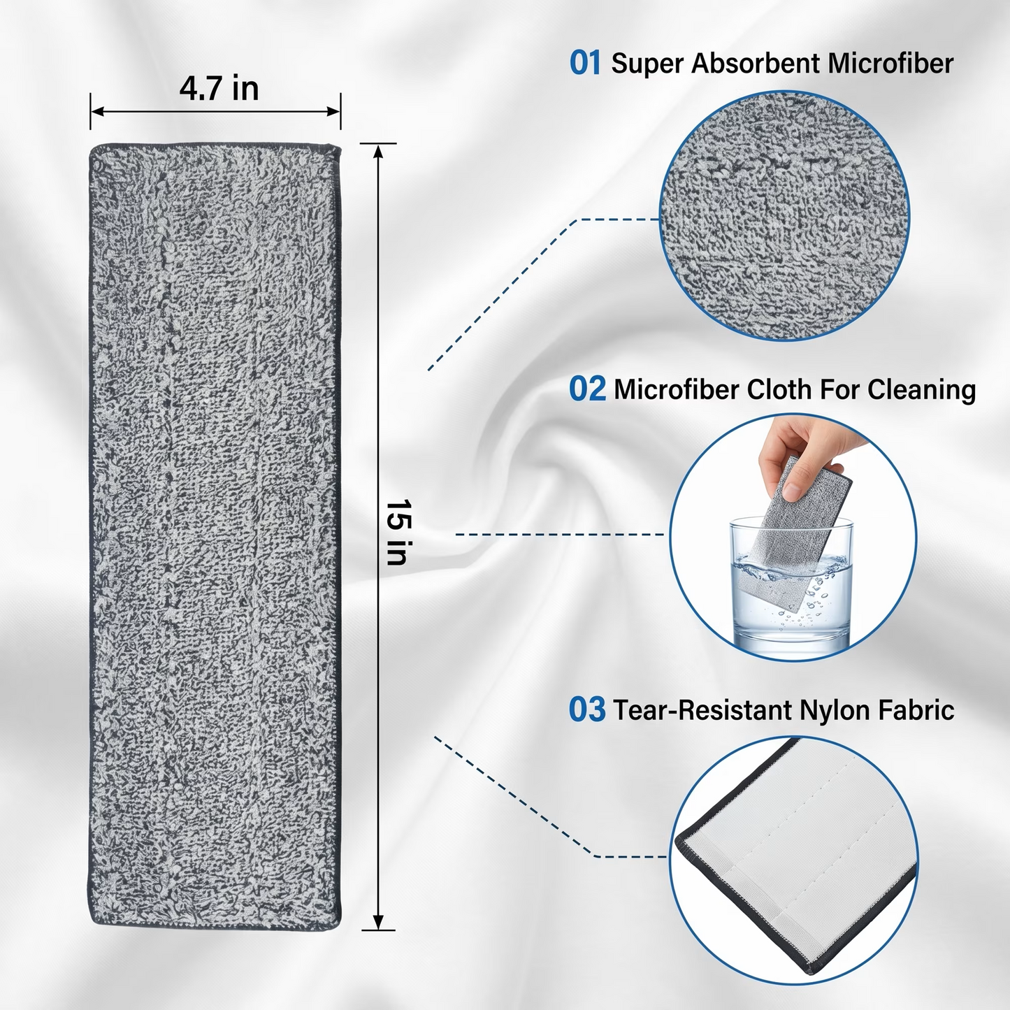 FVSA Reusable Mop Pads, Washable Microfiber Floor Refills, 15" x 4.7", 6 Pack
