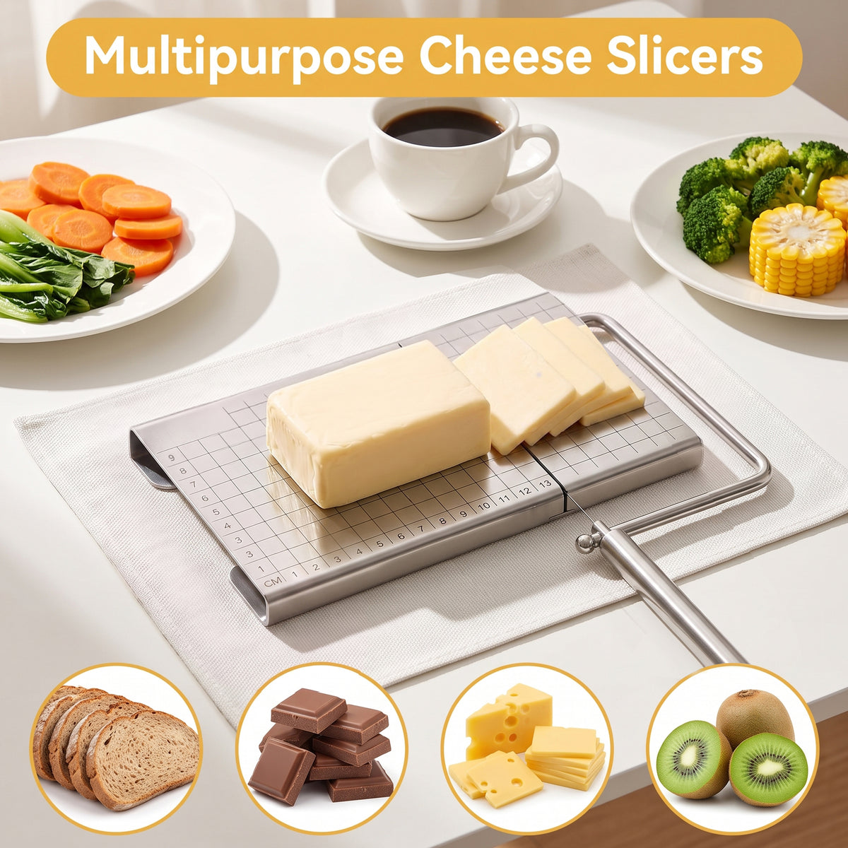 M Buder Cheese Slicer, Stainless Steel Cheese Cutter with Blade and Measuring Grids Board, Wire Cheese Cutter for Butter Cutter, Food Slicer