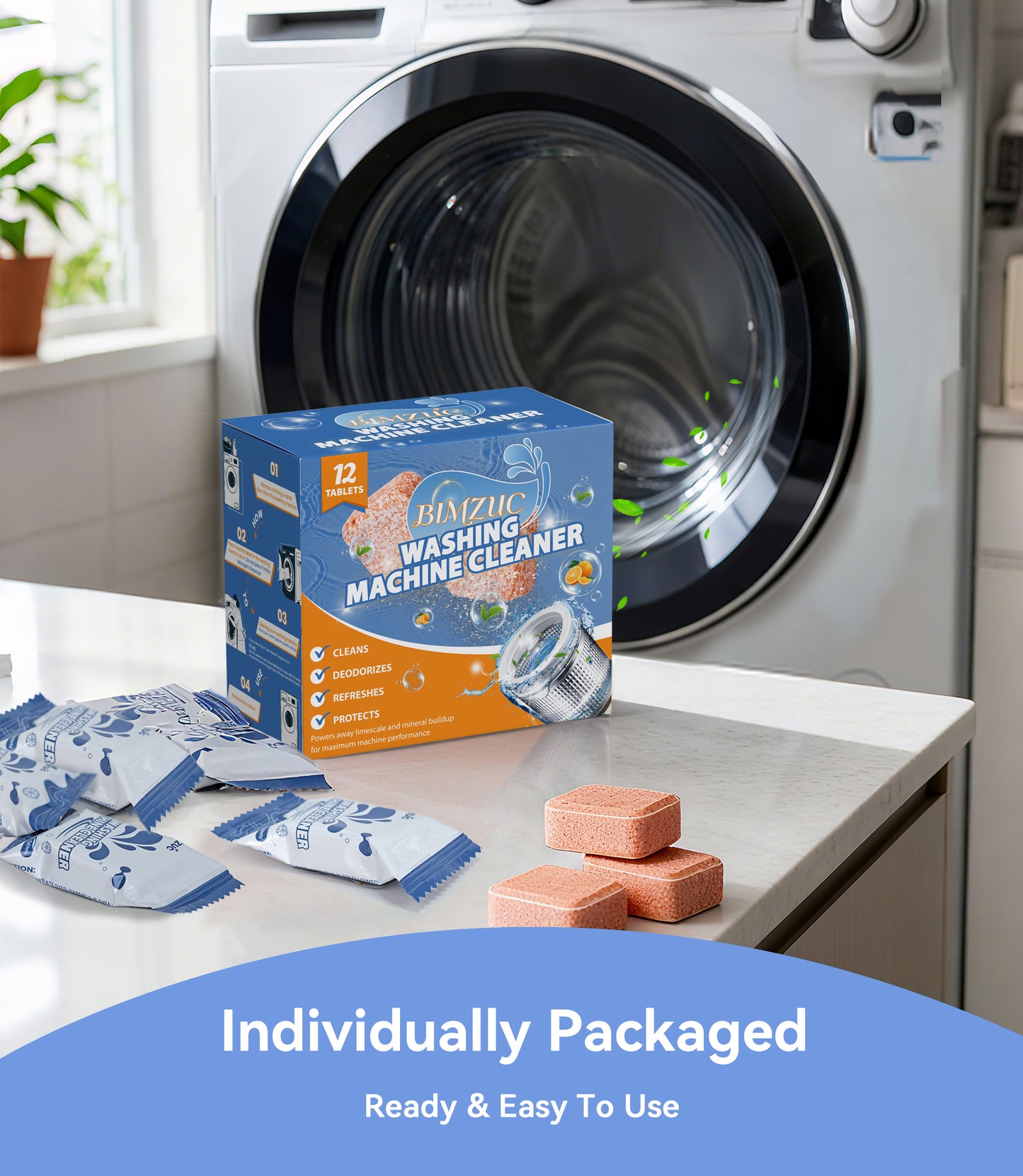 BIMZUC Washing Machine Cleaner Tablets (12 Count), Deep Cleans Front Load and Top Load Washers, Removes Odor Causing Residue & Buildup