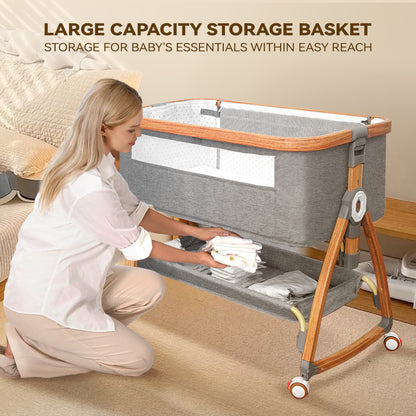 RUPOUN Bassinet Bedside Sleeper, Portable Baby Crib with 6 Adjustable Heights and Breathable Mesh Panels, Foldable, Gray
