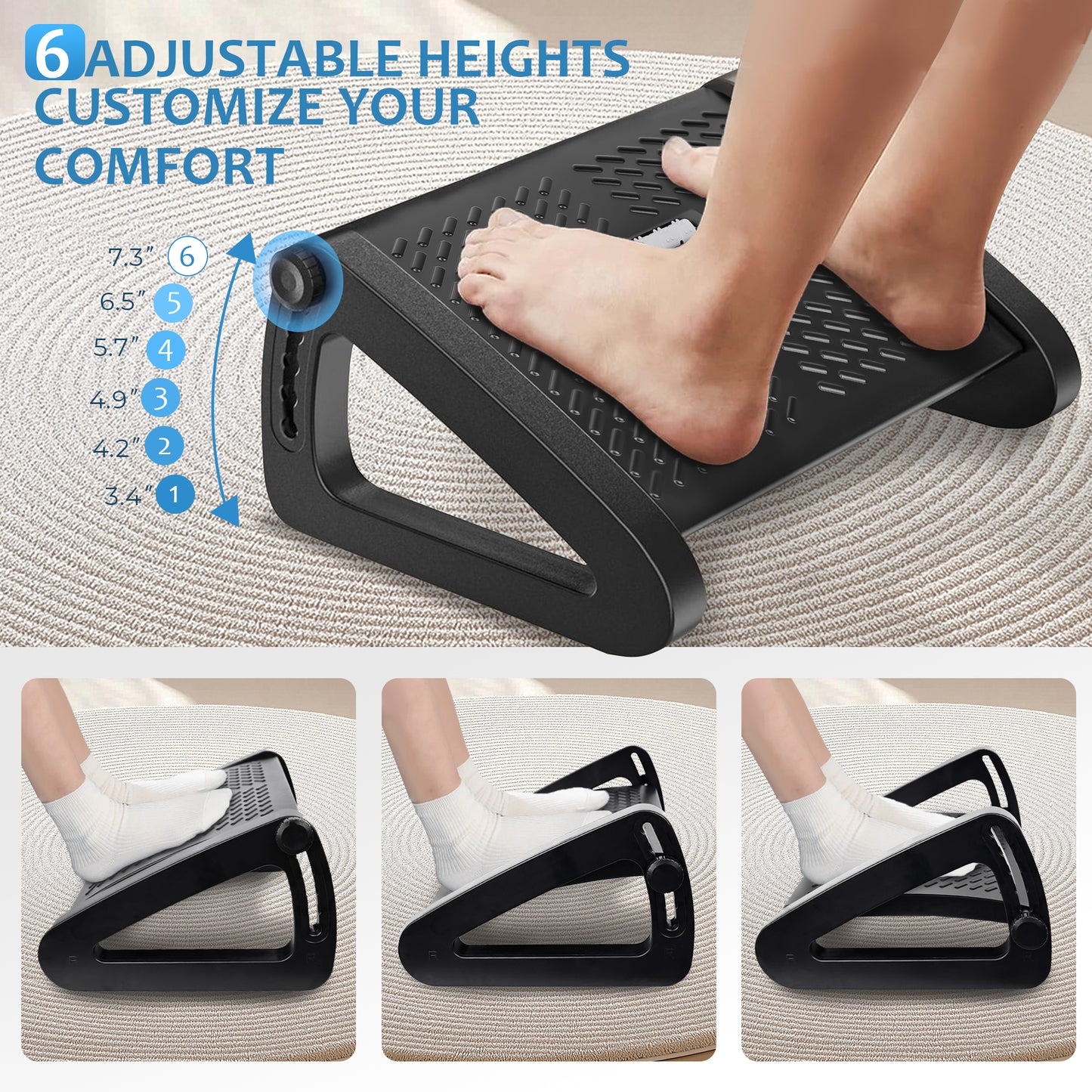 WEENEED Adjustable Ergonomic Foot Rest Under Desk with 6 Heights, Massage Surface & Rollers, Portable Foot Stool for Office, Home & Travel – Black