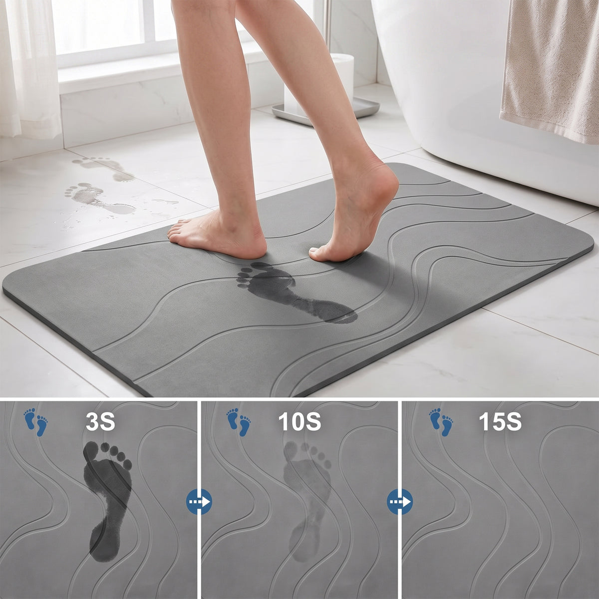 LZSDS Stone Bath Mat, 24" x 15" Diatomaceous Earth Shower Mat with Anti-Slip Base, Quick Dry Bathroom Mat for Kitchen Entryway, Grey