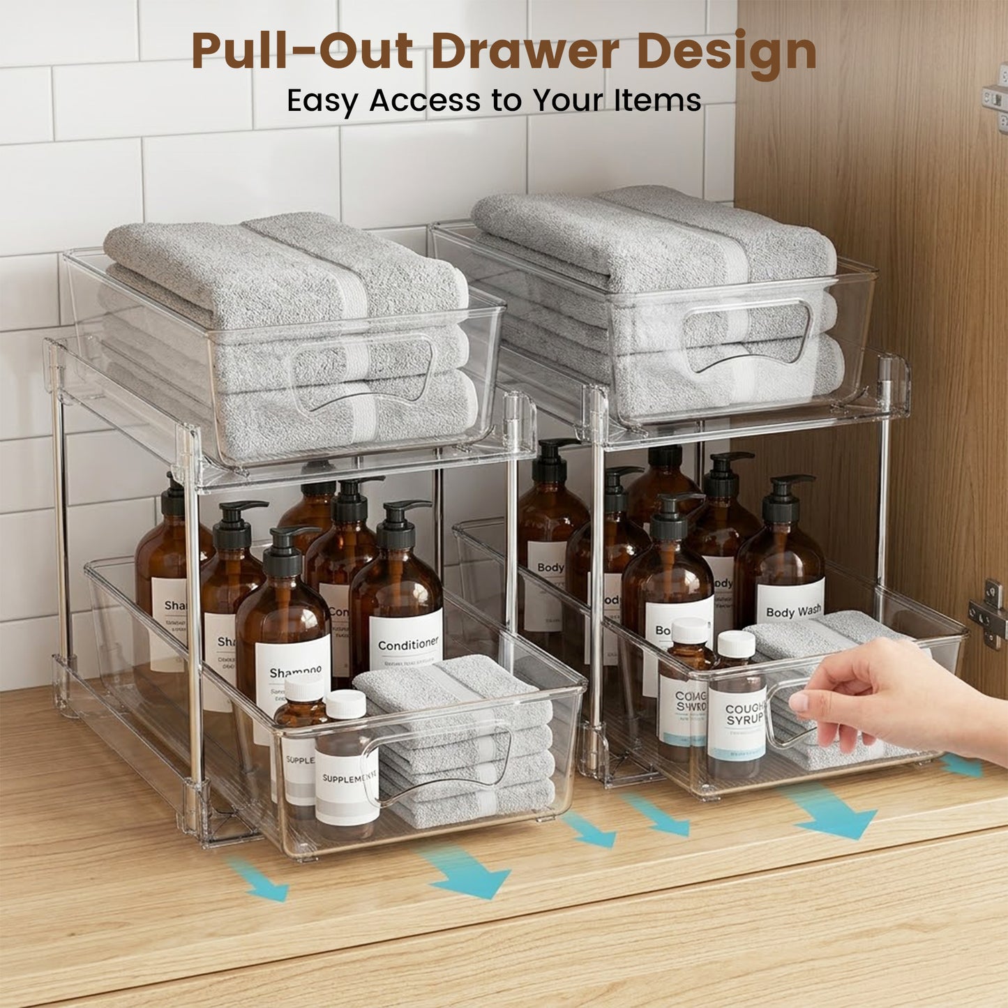 Riousery 2-Tier Clear Under Sink Organizer, 3-Pack Pull-Out Cabinet Storage, Stackable Design for Kitchen and Bathroom