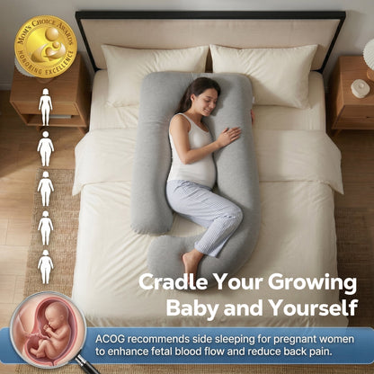 RUPOUN Pregnancy Pillow, J-Shaped Maternity Body Pillow for Sleeping, 70-Inch Full Body Support with Removable Cooling Ice Silk Cover, Gray
