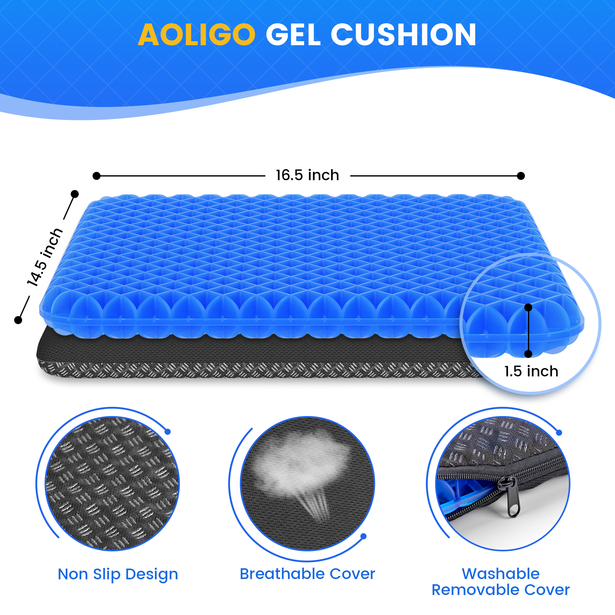 AOLIGO Gel Seat Cushion, 17" x 15" Seat Cushion, Office Chair Cushion, Blue