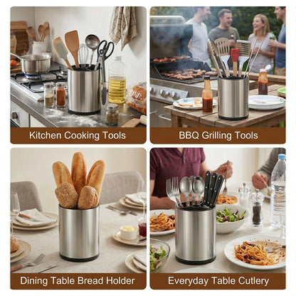 Alylo Kitchen Utensil Holder - 360° Rotating Stainless Steel Extra Large 3-Compartment Flatware Caddy, Silver