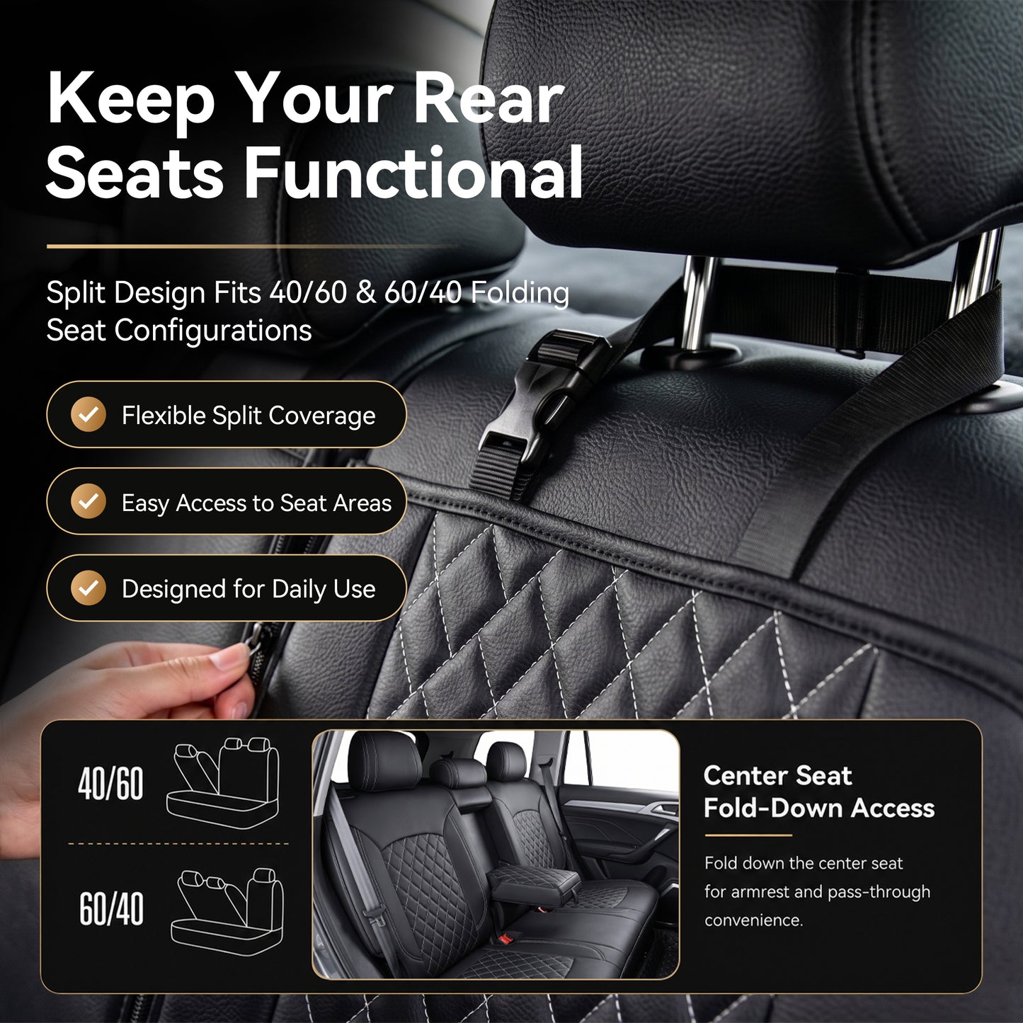 FLORAY Waterproof PU Leather Car Seat Covers Full Set, Universal Auto Seat Protectors for Sedans & Compact SUVs, Airbag Compatible, Black